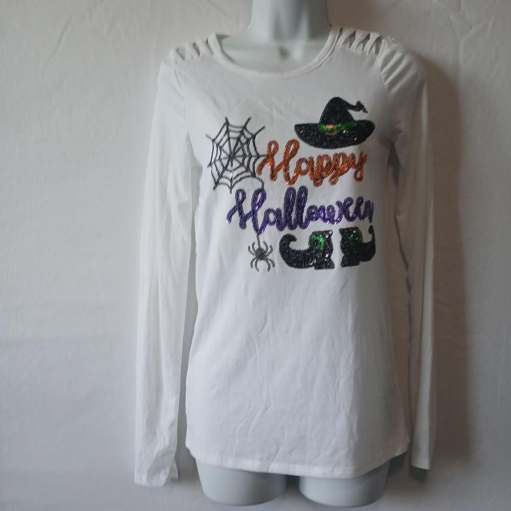 Poof! White Halloween Long Sleeve Tee Witch Hat NWT Sz S Glitter Design Casual